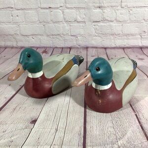 Vintage Hand Painted Wood Mallard Duck Decoy Pair with Glass Eyes